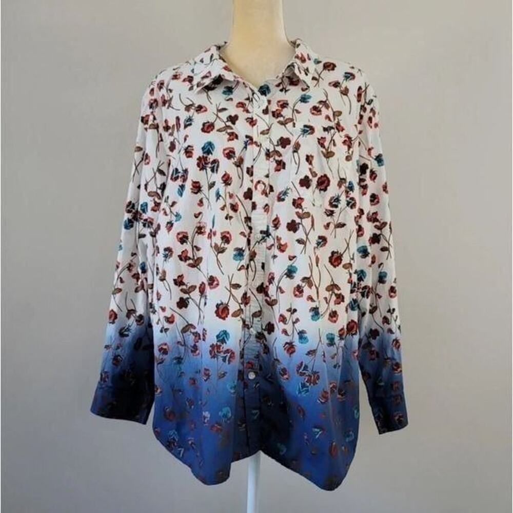 LANDS' END Size XL 20 Boyfriend Tunic Floral Roll Tab Sleeve Button Up Shirt